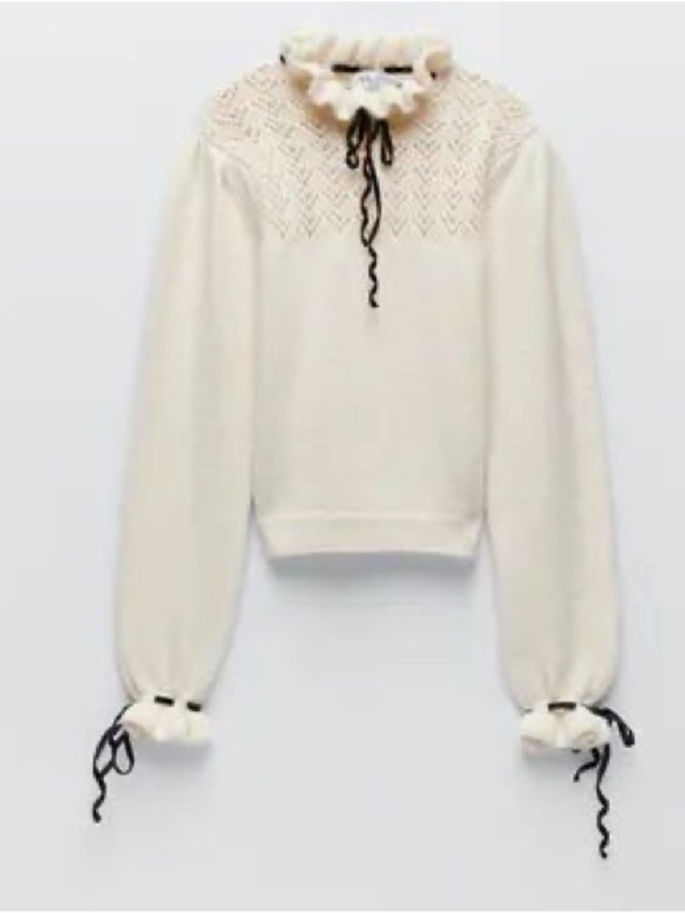 Zara Cream Ruffle-Neck Sweater with Black Ribbon Detail - Picture 6 of 6
